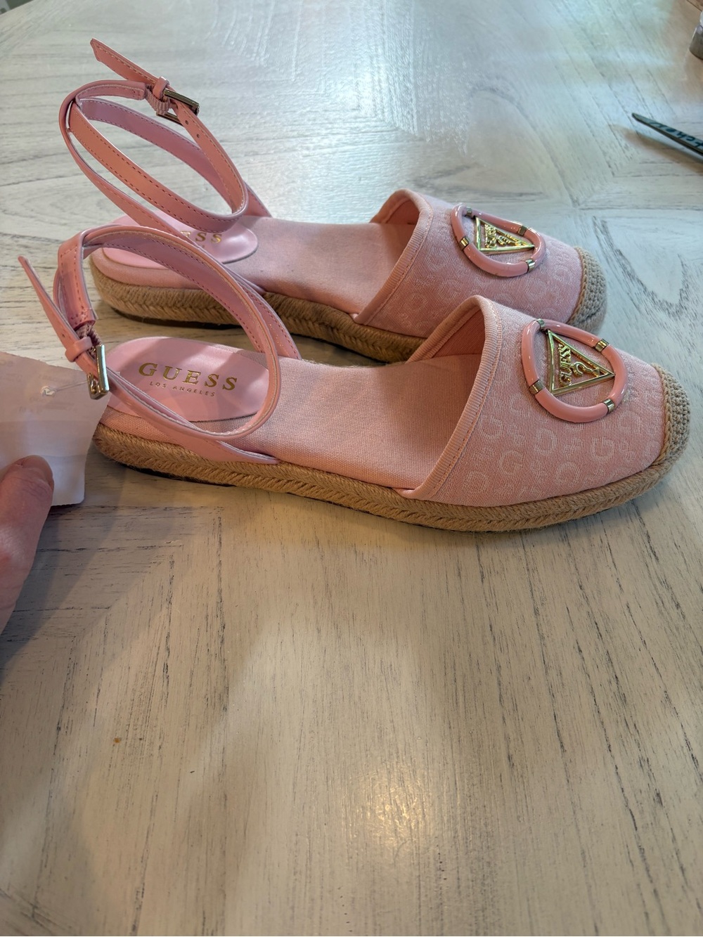 GUESS Pink Logo Espadrille Sandals with Ankle Strap and Jute Trim - Picture 2 of 10